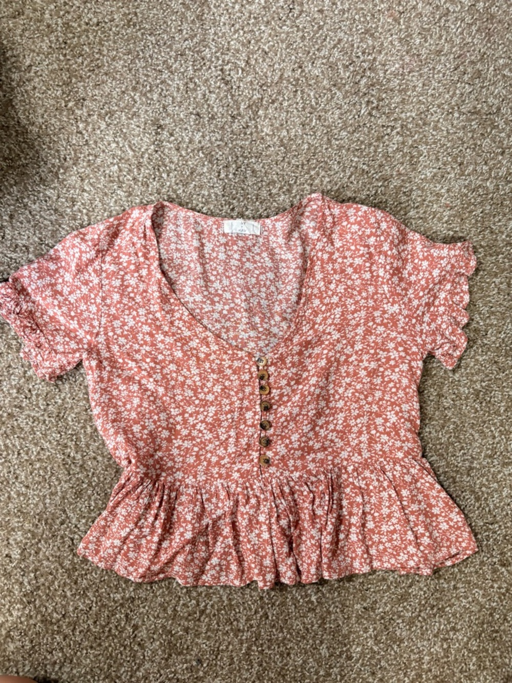 Floral Button-Front Peplum Blouse in Coral